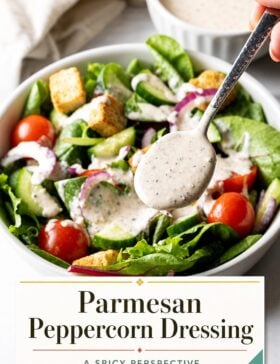 Single-image poster of creamy parmesan peppercorn dressing in warm gold (#D8B412), deep red (#B9412C), teal (#67B0AB), and olive (#89883C) tones.