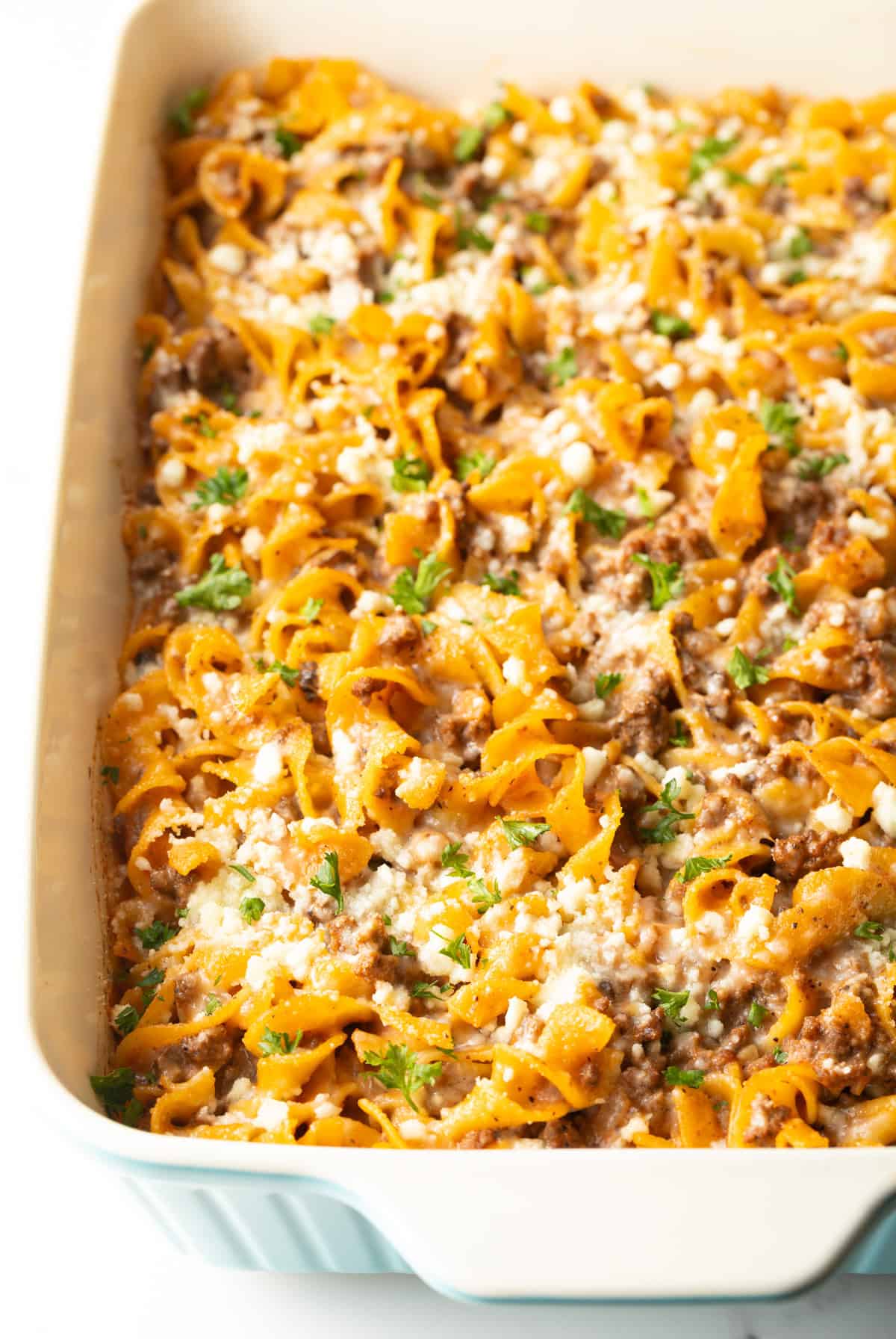 An easy Amish country casserole recipe sitting in a white baking dish.
