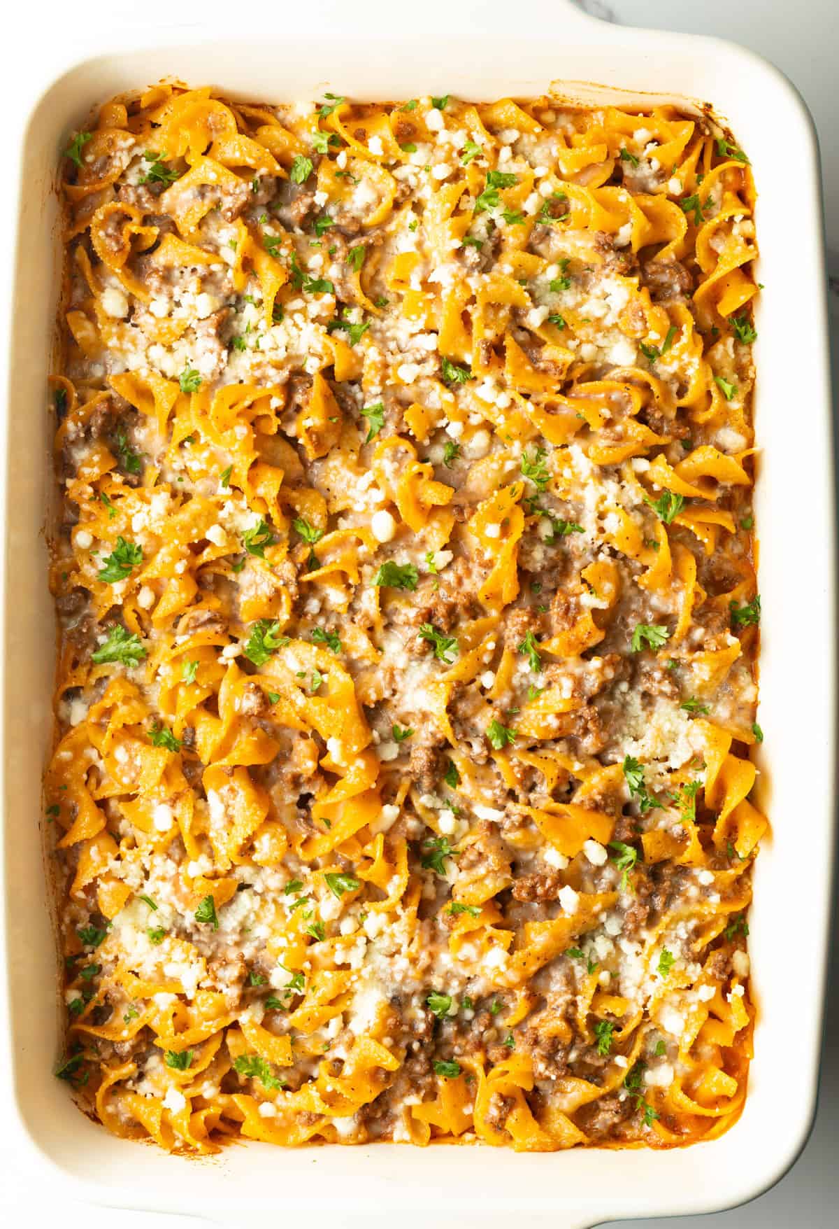 Overhead shot of casserole with noodles and beef.