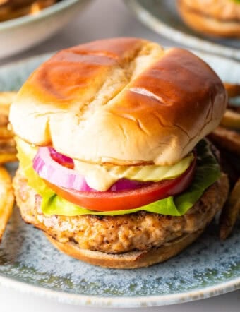 A ground chicken burger topped with condiments and vegetables between two hamburger buns.