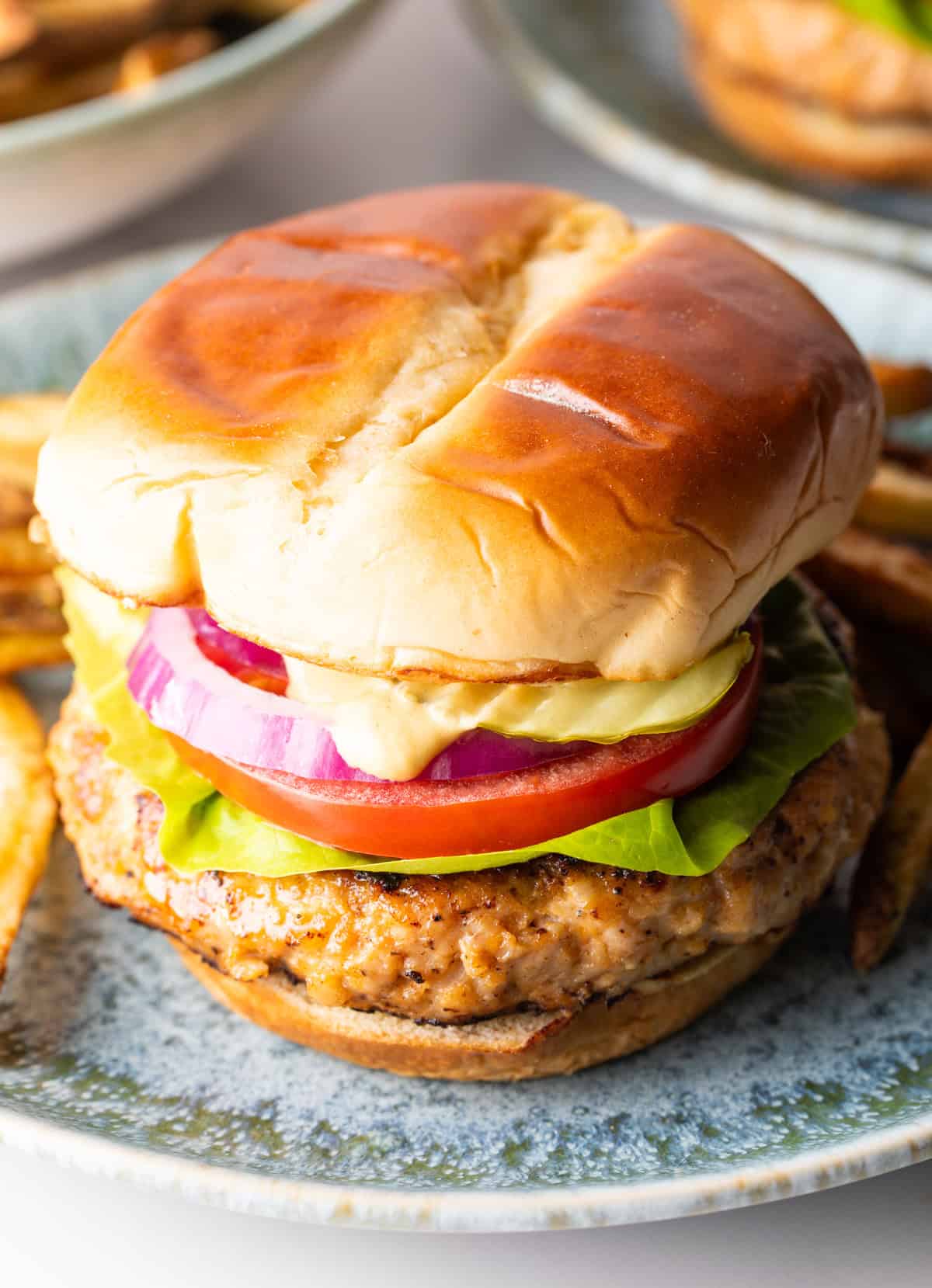 A ground chicken burger topped with condiments and vegetables between two hamburger buns.