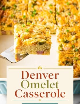 Single-image poster of Denver Omelet Casserole cut into squares, styled with golden (#D8B412), red (#B9412C), teal (#67B0AB), and olive (#89883C) tones.