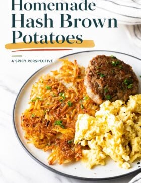 Single-image poster of golden crispy homemade hash brown potatoes in a skillet, styled with warm amber, deep red, teal, and olive tones.