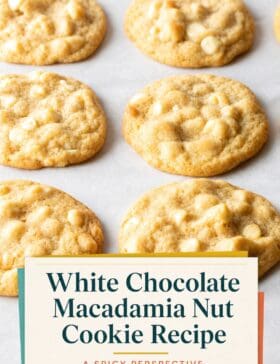 Single image poster with two design variations featuring soft, chewy white chocolate macadamia nut cookies styled in warm gold (#D8B412), deep red (#B9412C), teal (#67B0AB), and olive (#89883C) tones.