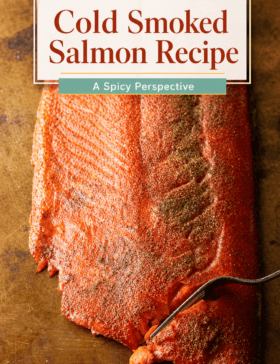 Single image poster of cold smoked salmon fillet on a wooden board, styled in warm gold (#D8B412), deep red (#B9412C), teal (#67B0AB), and olive (#89883C) tones.