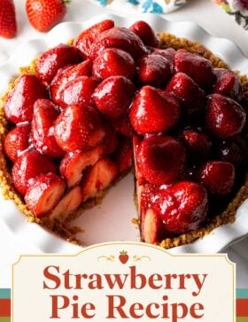 Single-image poster of a fresh strawberry pie with whole berries in a golden ginger snap crust, glazed and chilled, styled in warm gold, deep red, teal, and olive tones.