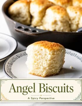 Single-image poster of golden angel biscuits baked in a cast-iron skillet, styled in warm mustard (#D8B412), deep red (#B9412C), muted teal (#67B0AB), and olive (#89883C).