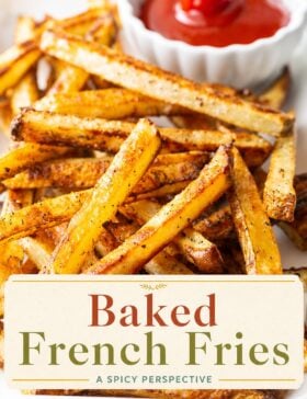 Single image poster of golden baked french fries in a basket, styled with warm golden (#D8B412), deep red (#B9412C), teal (#67B0AB), and olive (#89883C) tones.
