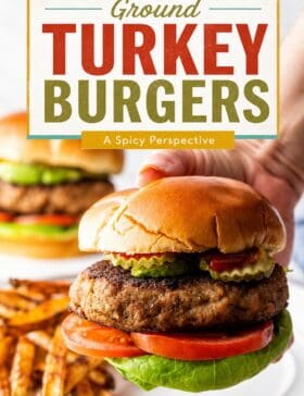 Single-image poster of a juicy ground turkey burger stacked with toppings, styled in warm golden (#D8B412), deep red (#B9412C), teal (#67B0AB), and olive (#89883C) tones.