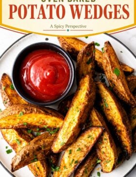 Single-image poster of golden oven baked potato wedges with crispy skin, styled in warm tones of golden yellow, deep red, teal, and olive green.