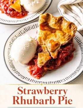 Single-image poster of a golden-crusted strawberry rhubarb pie with a ruby-red filling, styled in warm gold (#D8B412), deep red (#B9412C), muted teal (#67B0AB), and olive green (#89883C) tones.