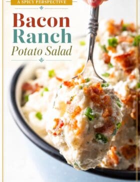 Single-image poster of Bacon Ranch Potato Salad in warm golden, deep red, teal, and olive tones — chunky potatoes, crispy bacon, and scallions in a creamy ranch dressing.