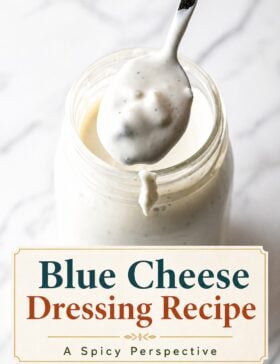 Single image poster of a creamy, chunky blue cheese dressing in a jar, styled with warm gold, deep red, teal, and olive tones — two design variations.