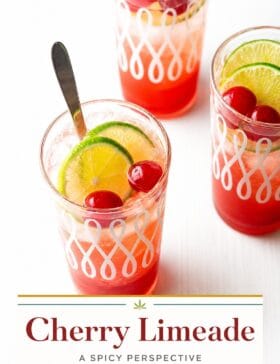 Single-image poster of a tall Cherry Limeade over crushed ice, garnished with a lime slice and maraschino cherry, in warm golden, deep red, teal, and olive tones.