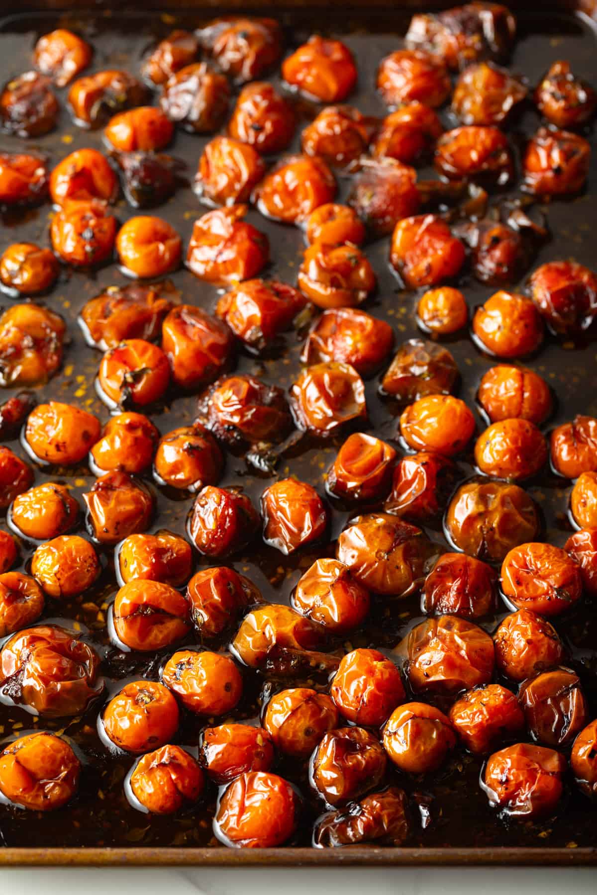 roasted cherry tomatoes - hot on baking sheet