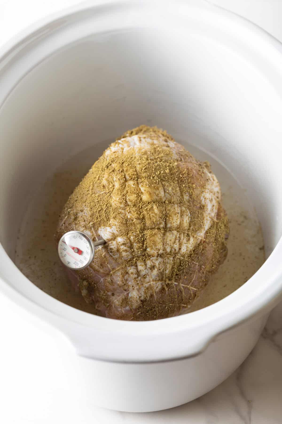 A meat thermometer is sticking out of a turkey breast in a crock pot.