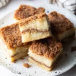 An overhead shot of slices of a sour cream coffee cake recipe.