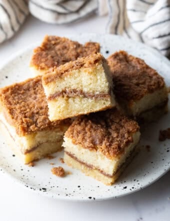 An overhead shot of slices of a sour cream coffee cake recipe.