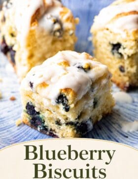 Single-image poster of golden blueberry biscuits drizzled with lemon glaze, styled in warm gold (#D8B412), deep red (#B9412C), teal (#67B0AB), and olive (#89883C) tones.