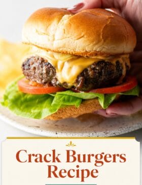 Single-image poster of a juicy crack burger stacked tall, golden-toasted bun, melted cheddar, crispy bacon — warm tones of amber, brick red, teal, and olive.