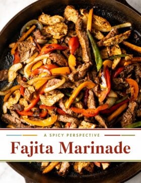 Single image poster with golden (#D8B412), deep red (#B9412C), teal (#67B0AB), and olive (#89883C) tones showcasing a bold fajita marinade recipe card.