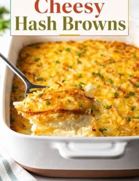 Single-image poster of cheesy hash browns in a golden (#D8B412) crust baking dish, accented with warm red (#B9412C), teal (#67B0AB), and olive (#89883C) design tones.