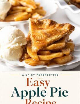 Single image poster with warm golden and spiced red tones — a classic double-crusted apple pie with a glossy, glistening filling and perfectly browned crust.