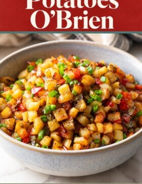 Single-image poster featuring roasted Potatoes O’Brien with golden potatoes, red and green peppers, and onions. The layout uses mustard #D8B412, brick red #B9412C, teal #67B0AB, and olive #89883C accents.